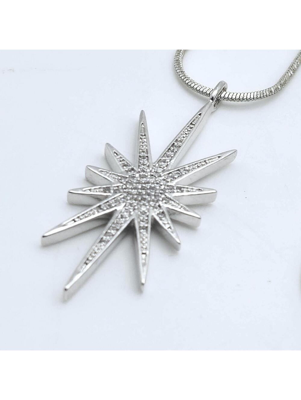 Silver Tone Starburst Pendant & Necklace With Rhinestones 18"